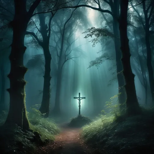 Prompt: (mystical dark forest), (crucifix ray of light), ethereal atmosphere, dense trees shrouded in fog, luminescent shadows, deep greens and muted blues, enchanting and mysterious ambiance, soft beams illuminating the forest, high detail, cinematic quality, surreal and dreamlike mood, magical and serene landscape, sense of wonder and intrigue.