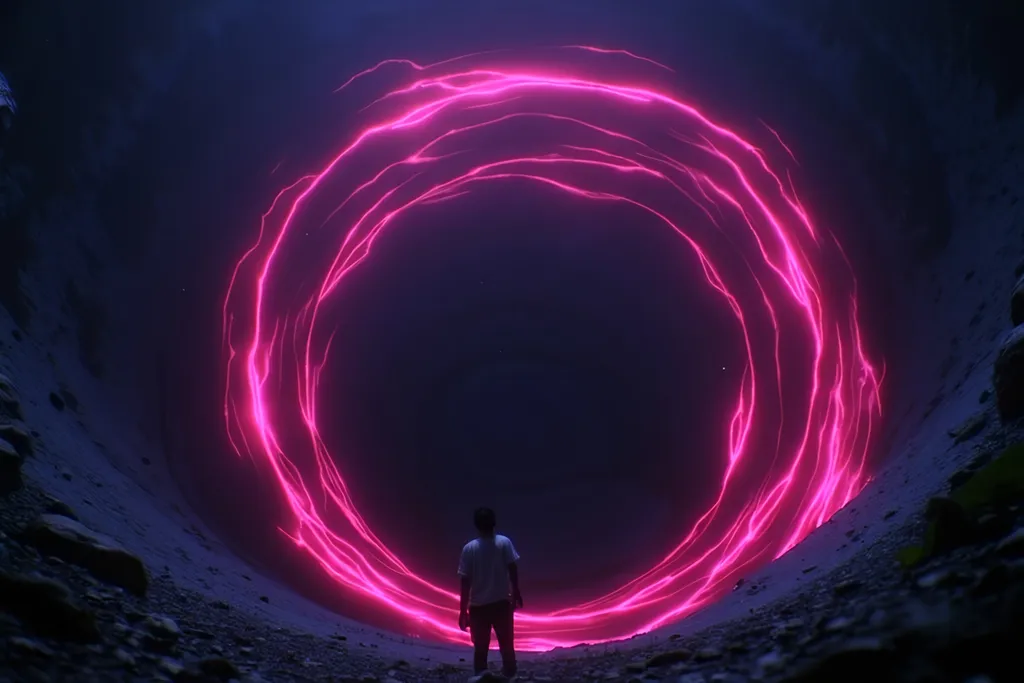 Prompt: Giant void in the ground swirling with magical light deep pit vortex, neon, dark exterior, grainy, low resolution.