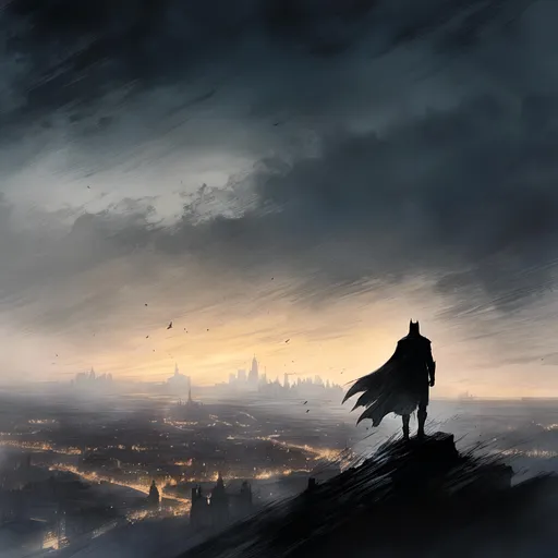 Prompt: <mymodel>(Batman standing on a cliff overlooking a city), dramatic pose, powerful silhouette, detailed cape fluttering in the wind, breathtaking skyline illuminated at dusk, vibrant city lights twinkling below, dark clouds looming, high contrast shadows, moody atmosphere, cinematic vibe, ultra-detailed, 4K quality, (intense focus), evoking a sense of vigilance and heroism.