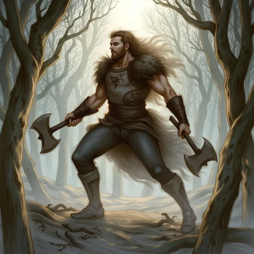 Prompt: barbarian holding a two-handed axe, (muscular and fierce expression), strong physique, wild hair and beard, leather armor with fur and rugged details, antique battle scars on skin, (dramatic posture), forest backdrop with ancient trees, shafts of sunlight piercing through foliage, atmospheric and action-packed mood, (dynamic composition), ultra-detailed, high-quality 4K resolution.