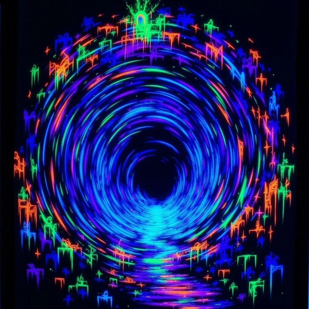 Prompt: (Giant void swirling with magical light), deep pit vortex, glowing neon colors, dark exterior, mysterious ambiance, energetic and ethereal light patterns swirling, grainy texture, low resolution for a vintage aesthetic, a surreal dream-like atmosphere. Capture the essence of magic and depth in this captivating scene. (Black light art)