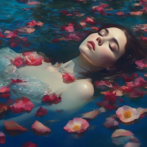 Prompt: <mymodel>(mymodel) woman submerged in crystal-clear water, looking upwards with serene expression, surrounded by vibrant rose petals drifting gracefully, soft diffused lighting casting gentle reflections, dreamy atmosphere, tranquil vibes, slight ripples creating mesmerizing patterns in the water, ultra-detailed, 4K, cinematic quality, ethereal beauty, poetic and romantic setting. Masterpiece quality.