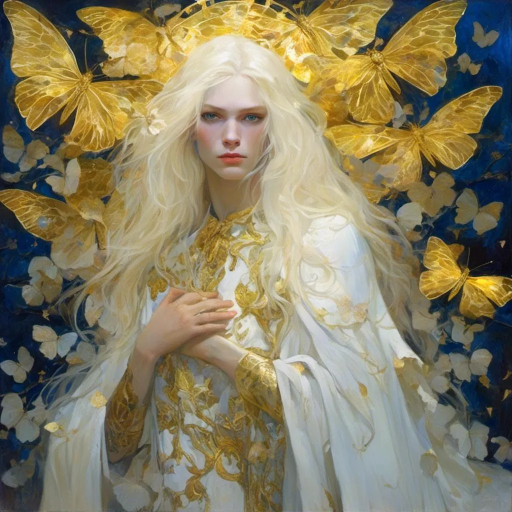 Prompt: <mymodel> Angel, clad in white and gold armor, long torn cloak, long white blond hair, deep blue neon eyes. Bright golden neon halo.