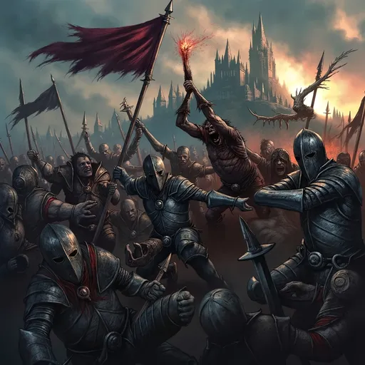 Prompt: (medieval battle scene), knights in armor clashing swords, intense expressions, dynamic action, banners waving in the wind, dramatic atmosphere, dusk lighting with shadows, vibrant colors of armor and weapons, background with a foggy landscape, towering castle in the distance, high detail (4K) illustration.