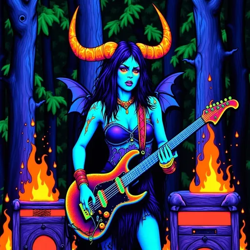 Prompt: Horned goddess, glowing hazel eyes, crown of fire, bat wings, glowing tattoos, piercings, tattered clothing. Destroyed cape, on a stage in a forest playing a guitar made of flesh and bone. Giant amplifiers fire surrounding the stage.