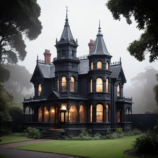 Prompt: Victorian style Conservatorium attached to a Victorian style house in black. Misty. Ethereal. Magical.