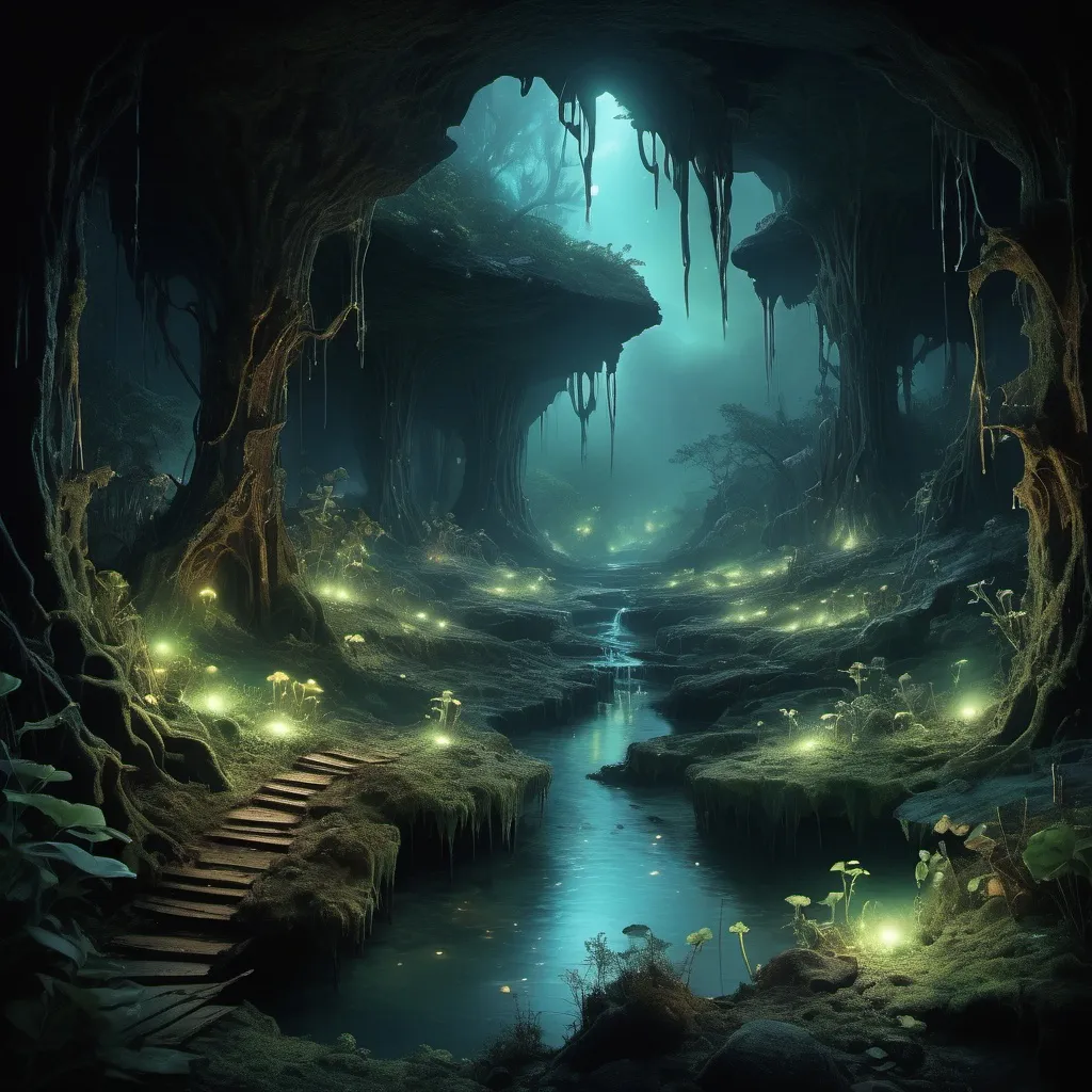 Prompt: Moonlit cascading across heavily wooded area, dark ground, misty, wondrous, magical, large deep hole, cavernous ,multiple biomes, glowing algae, glow worms, plant bioluminescence. 4k high-definition, photorealism.