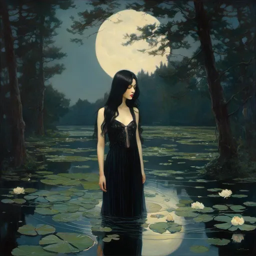 Prompt: <mymodel> dark wooded area tall trees black wood. Moonlight reflecting off a lake. Woman dressed in a black sheer dress, long black hair, porcelain skin, waist deep in the lake, water ripples around her body, Lilly pads scattered on the surface of the lake, moon on the horizon of the lake. Dream like, high resolution, focused detail, masterpiece quality, anatomically correct hands and fingers, light particles floating around the air.