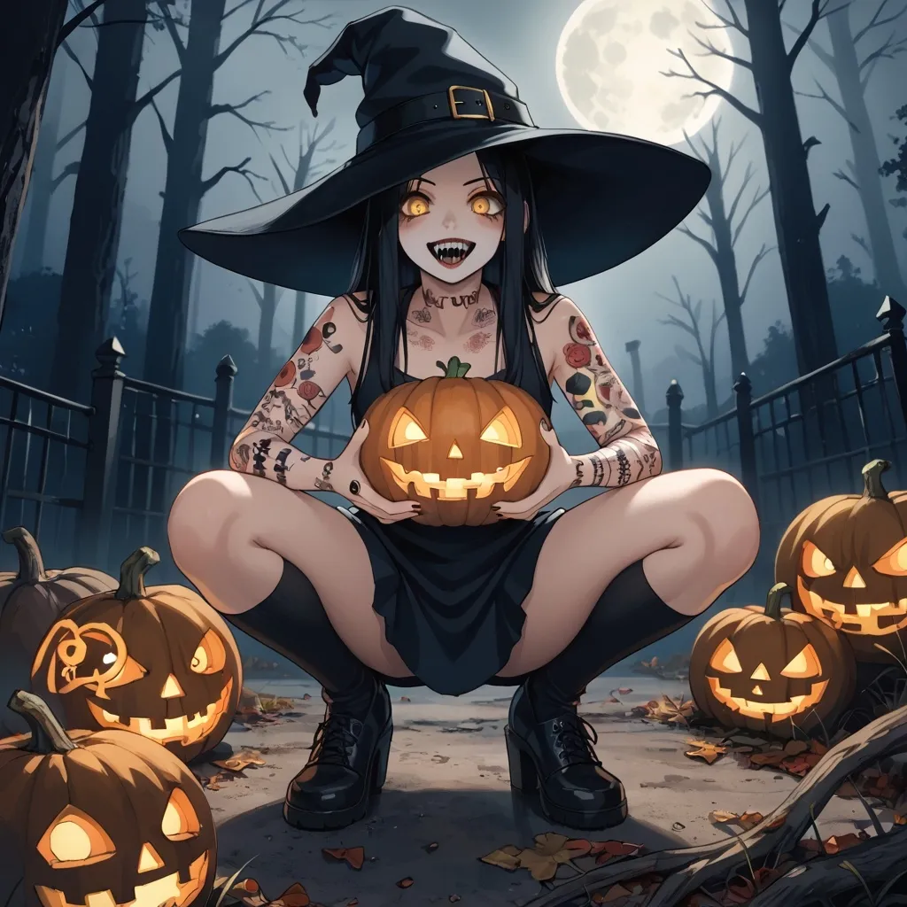 Prompt: (Horror theme) witch, glowing tattoos, golden eyes. Crouching holding a jack o lantern