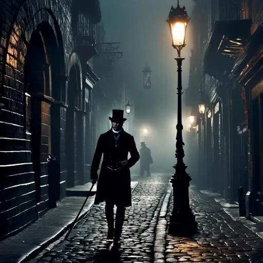 Prompt: <mymodel>(mymodel) man wearing top hat and wielding a cane and a knife, walking through old London streets, dark and mysterious atmosphere, moonlit night casting soft silvery light, cobblestone pathways reflecting faint glow, smoky fog swirling around historic buildings, dramatic shadows, high quality, cinematic depth, enchanting and eerie mood, capturing the essence of Victorian elegance.