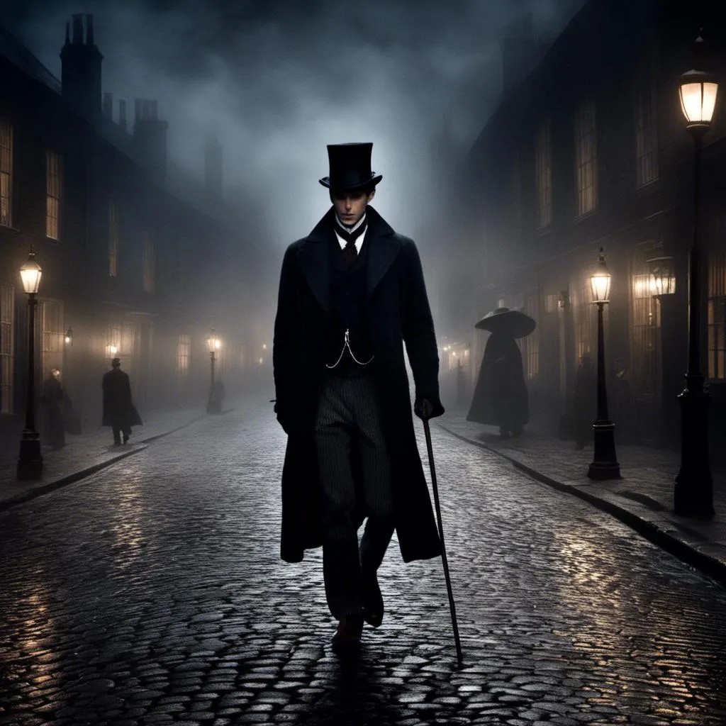 Prompt: <mymodel>(mymodel) man wearing top hat and wielding a cane, walking through old London streets, dark and mysterious atmosphere, moonlit night casting soft silvery light, cobblestone pathways reflecting faint glow, smoky fog swirling around historic buildings, dramatic shadows, high quality, cinematic depth, enchanting and eerie mood, capturing the essence of Victorian elegance.