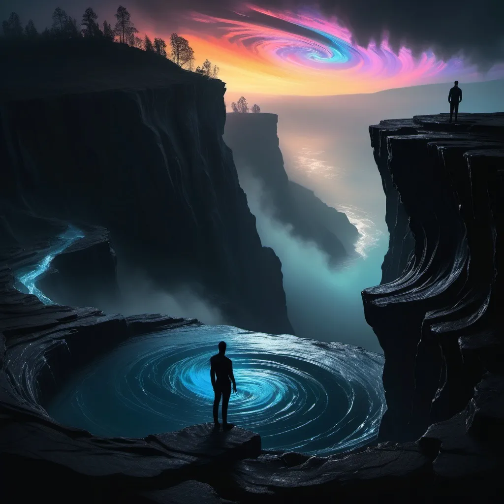 Prompt: Dark silhouette of a person standing on a cliff staring down at a whirlpool into another dimension