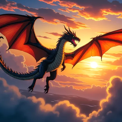 Prompt: (majestic dragon), vibrant scales with shimmering hues, intricate details and powerful wings, soaring through a dramatic sunset sky, creating a sense of awe, striking background with swirling clouds, richly saturated colors, ultra-detailed, mythic atmosphere, high-quality, cinematic ambiance, impressive artwork suitable for epic fantasy themes.