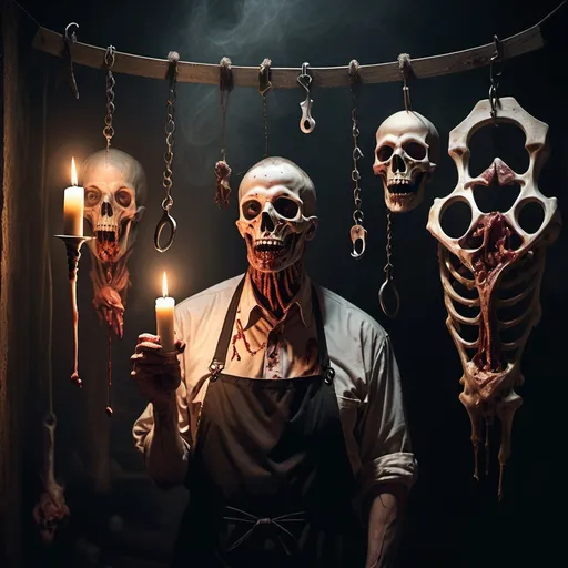 Prompt: Horror. Butcher, mask, meat hooks, hanging bodies. Misty, dark, candle lit. Human bones