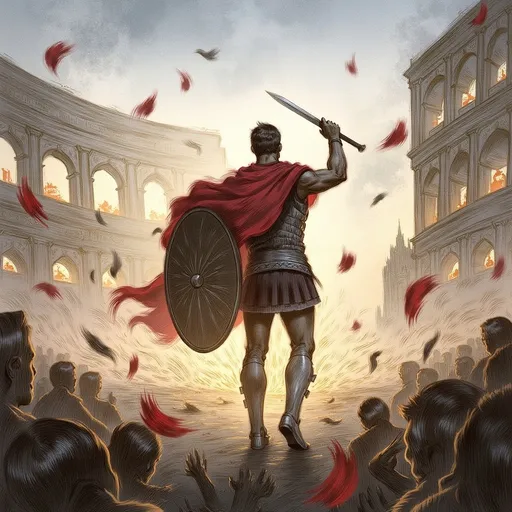 Prompt: Gladiator standing at the center of a colosseum. His hands raised with weapon and shield, crowd throwing roses around him.