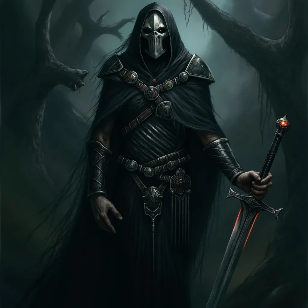 Prompt: Silver mask, black ornate armor, tattered cloak, pilgrim hat, bandolier, silver sword (glowing), moody and atmospheric lighting, high contrast shadows, epic fantasy scene, intricate details, darkened background with faint glimmers of light, captivating and mysterious vibe, focus on textures and craftsmanship, ultra-detailed, 4K quality.