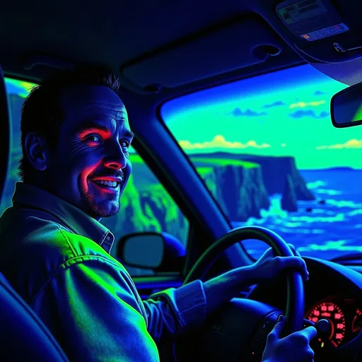 Prompt: close-up shot of a man (smiling) in the driver's seat, car (falling off a cliff), breathtaking scenic backdrop, dramatic cliffs, vast ocean below, muted colors, natural light, tension-filled atmosphere, (black light art)