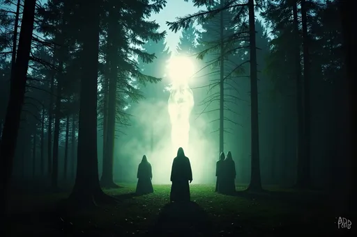 Prompt: (mystical dark forest), Black cloaked figures, gathering, shadows creeping, ethereal mist swirling, (giant glowing portal) in the distance, vibrant colors with eerie luminescence, dramatic lighting casting haunting silhouettes, (highly detailed, atmospheric), tension-filled ambiance, moonlight peeking through the dense canopy, enchanted surroundings, enchanted nature, immersive experience. Low resolution, blurry texture, vintage film, grainy overlay.