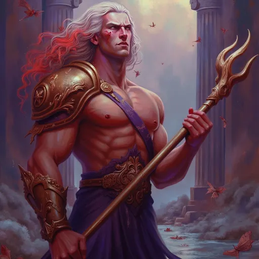 Prompt: Poseidon (God of the seas), portrayed with intense and striking features, muscular physique, wearing ornate armor, holding a glistening trident, fierce expression, passionate and powerful stance, (dramatic lighting), (epic background of ancient ruins), (highly detailed), (mythological ambiance), vibrant colors of red and gold, evoking feelings of strength and valor, 4K resolution, ultra-detailed.