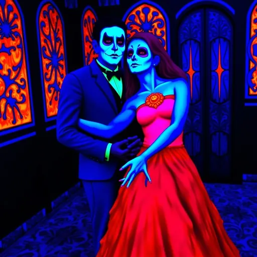 Prompt: (Día de los Muertos couple dancing), elegant red dress, sophisticated blue suit, dynamic pose, vivid detailed expressions, (black light art), glowing neon colors against dark backdrop, atmospheric Victorian setting with ornate decor, high contrast and striking illumination, (ultra-detailed), graceful movement, mesmerizing and enchanting ambiance reminiscent of a ballroom dance experience.