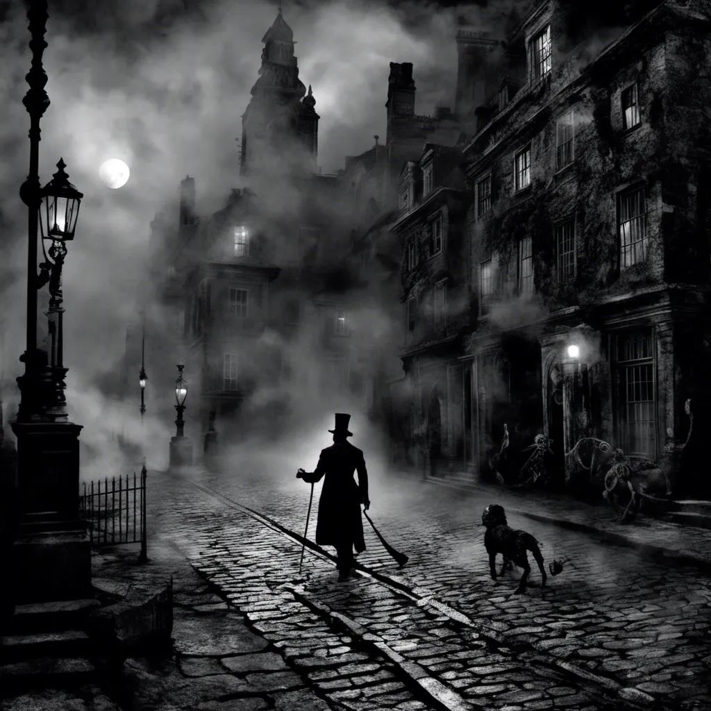 Prompt: <mymodel>(mymodel) man wearing top hat and wielding a cane and a knife, walking through old London streets, dark and mysterious atmosphere, moonlit night casting soft silvery light, cobblestone pathways reflecting faint glow, smoky fog swirling around historic buildings, dramatic shadows, high quality, cinematic depth, enchanting and eerie mood, capturing the essence of Victorian elegance.