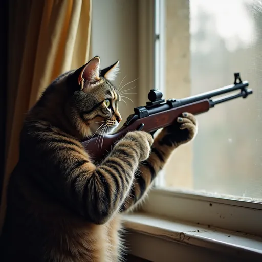 Prompt: Cat holding a rifle aiming out a window.