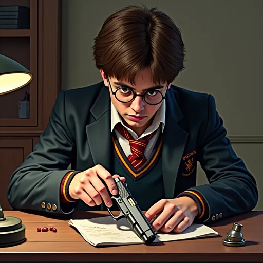 Prompt: Harry Potter sitting gobnik on a table. Cleaning a 1911 handgun with a rag.