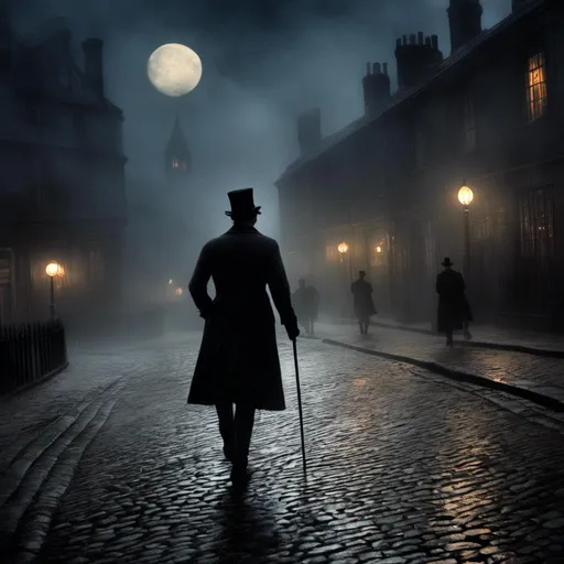 Prompt: <mymodel>(mymodel) man wearing top hat and wielding a cane and a knife, walking through old London streets, dark and mysterious atmosphere, moonlit night casting soft silvery light, cobblestone pathways reflecting faint glow, smoky fog swirling around historic buildings, dramatic shadows, high quality, cinematic depth, enchanting and eerie mood, capturing the essence of Victorian elegance.