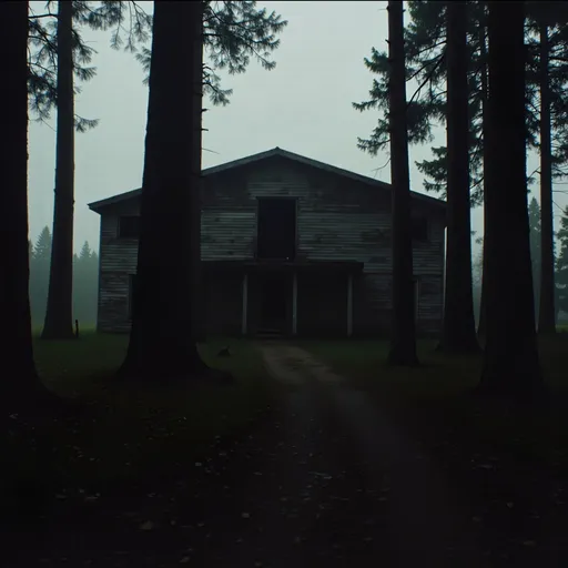 Prompt: dark forest, (single desolate building), run-down architecture, overgrown vegetation, eerie atmosphere, (moody lighting), shadows cast upon the landscape, mist creeping through the trees, (somber tones), contrast between darkness of the forest and the faded colors of the building, (low resolution), haunting ambiance, (grainy texture) quality, a sense of isolation and abandonment.