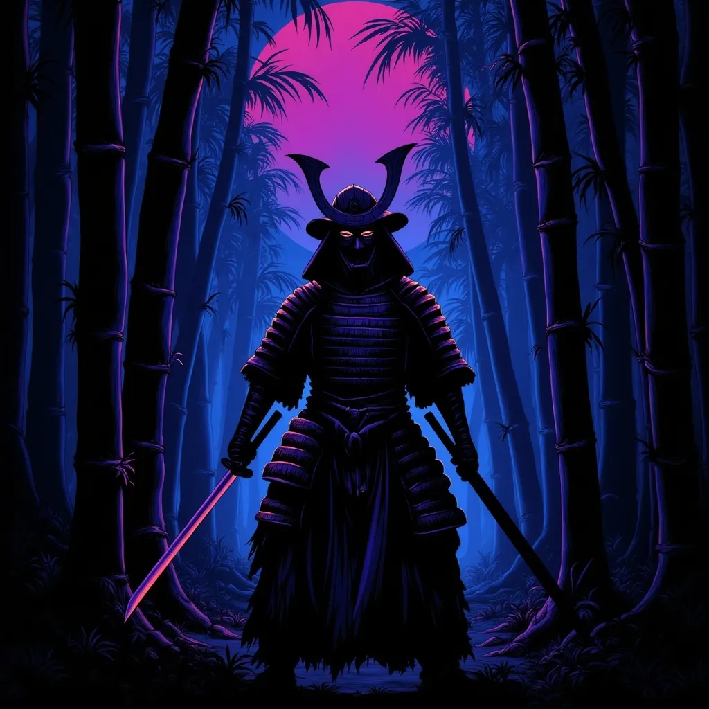 Prompt: A samurai in full armor, standing in a bamboo forest at dusk, with a katana drawn.