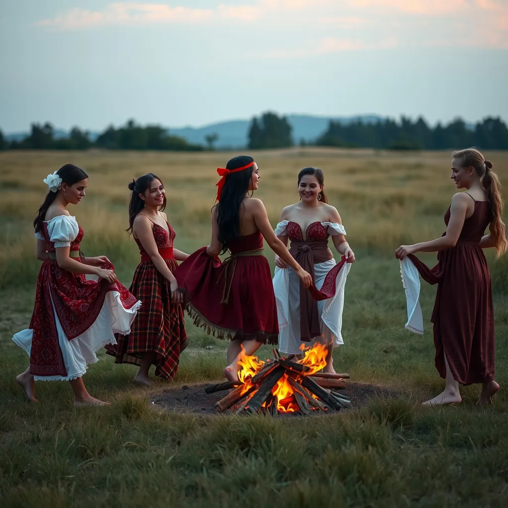 Prompt: Group of young women dancing around a fire In a field. Dressed as Gypsies. Spinning dresses 