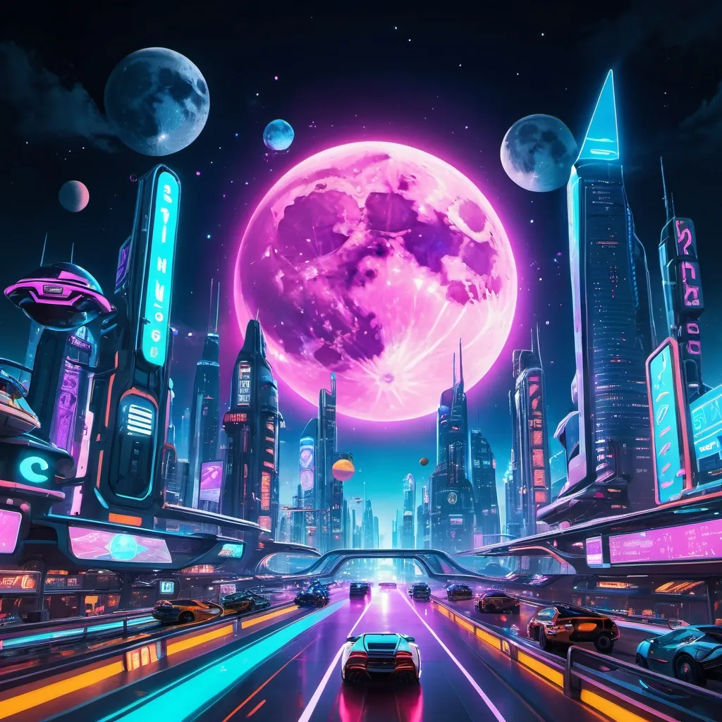 Prompt: A futuristic city with neon lights, flying cars, and holographic billboards, under a night sky with two moons.