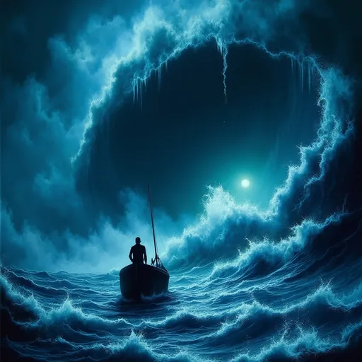 Prompt: Man on a boat peacefully smoking looking towards the camera, as giant massive wave unexpectedly towers over him about to capsize his boat.