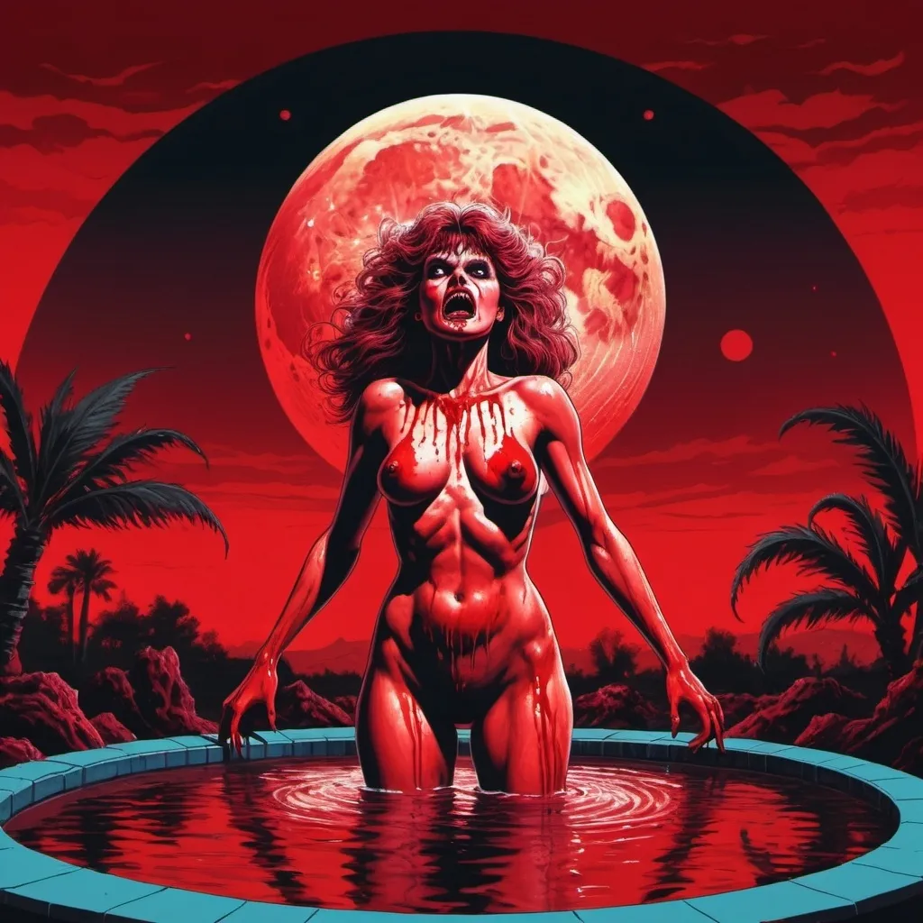 Prompt: retro 80s art, female monster rising from pool of blood. Red moon.  Horror themed