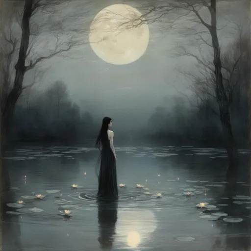 Prompt: <mymodel> dark wooded area tall trees black wood. Moonlight reflecting off a lake. Woman dressed in a black sheer dress, long black hair, porcelain skin, waist deep in the lake, water ripples around her body, Lilly pads scattered on the surface of the lake, moon on the horizon of the lake. Dream like, high resolution, focused detail, masterpiece quality, anatomically correct hands and fingers, light particles floating around the air.