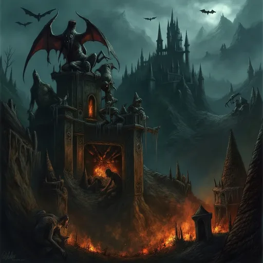 Prompt: old castle, (various monsters) climbing atop, (bats) circling around the turret, (fire) raging, engulfing the town below, (ominous atmosphere), dark and foreboding landscape, (vibrant flames) contrasting against shadowy castle details, (highly detailed), representing a thrill of horror and chaos, night sky filled with smoke, ancient architecture, (spooky ambiance).