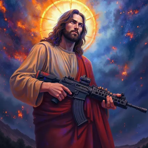 Prompt: Jesus holding an AK-47, (striking pose), dramatic lighting, vivid colors, intense expression, (symbolic reinterpretation), halo effect, contrasting background with celestial elements, deep shadows, visual juxtaposition, high detail, 4K resolution, emotionally charged atmosphere.