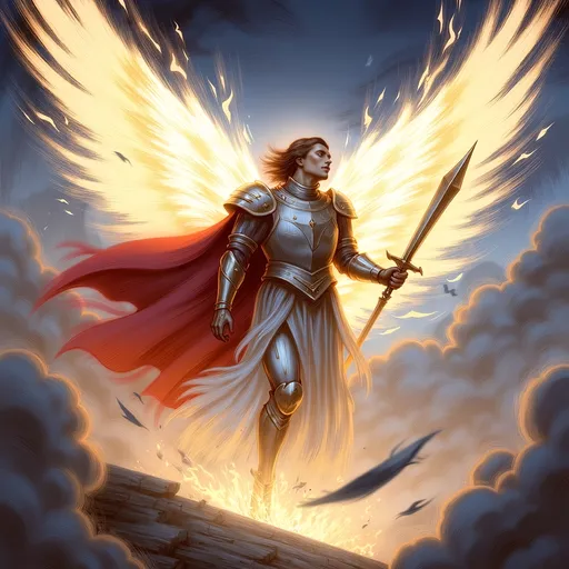 Prompt: Saint Michael the Archangel, (majestic stance), clad in resplendent armor, wielding a gleaming sword, surrounded by ethereal light, powerful wings unfurled, dramatic clouds behind him, (celestial aura), radiant colors with vivid contrasts, uplifting atmosphere, conveying strength and protection, ultra-detailed, high quality, 4K resolution, dynamic and inspiring ambiance. Masterpiece quality, anatomically accurate.