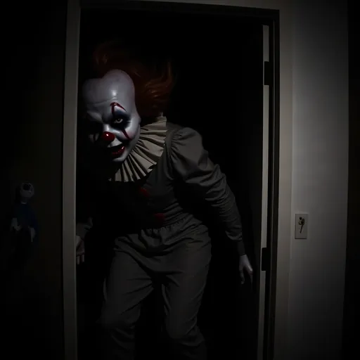 Prompt: (mysterious clown), lurking in shadows, dimly lit background, eerie ambiance, haunting atmosphere, dark color palette, deep blacks and muted colors, unsettling expression, costume detailing, soft yet chilling light, ultra-detailed design, psychologically thrilling, fears of the unknown, cinematic composition.