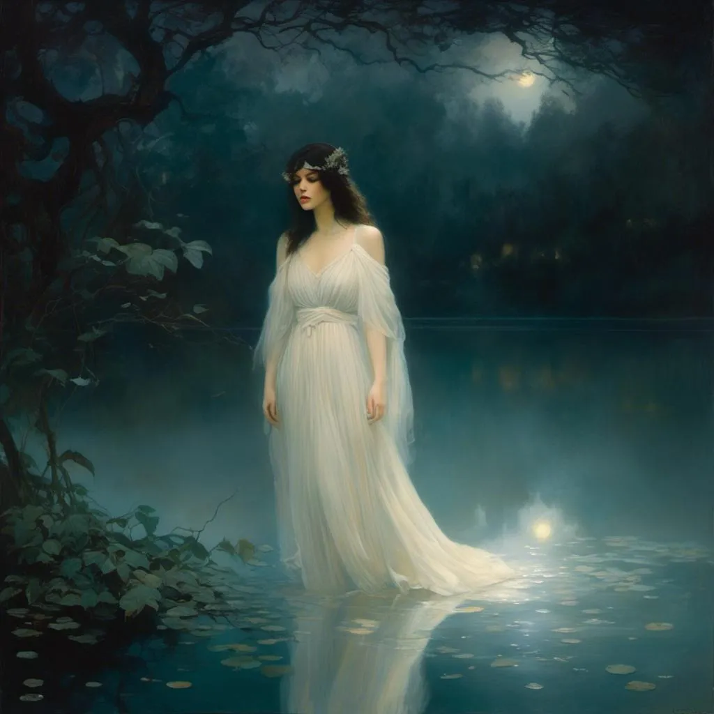 Prompt: <mymodel>(mystical scene), woman dressed in white, dark atmosphere, ethereal fog hovering above the lake, calm and reflective water surface, hauntingly beautiful surroundings, moonlight illuminating the scene, soft shadows cast on the water, trees looming in the background, mystical and serene vibe, ultra-detailed, 4K resolution.