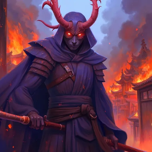 Prompt: Samurai (Oni Mask with glowing red eyes), dynamic pose, fierce expression, traditional armor adorned with intricate details, Japanese town engulfed in flames in the background, warm and vibrant color palette, deep contrasts of shadows and firelight, high tension and dramatic ambiance, intense atmosphere, 4K, ultra-detailed, cinematic masterpiece.