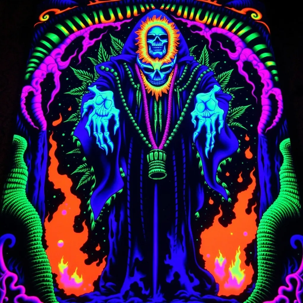 Prompt: Baron Samedi (black light art), mysterious figure, vivid colors, luminescent details, (ethereal glow), surrounded by surreal symbols, dynamic patterns glowing against a dark background, creating atmospheric tension, (4K), (ultra-detailed), captivating ambiance, invoking themes of life and death, Haitian Vodou elements, engaging visual narrative.