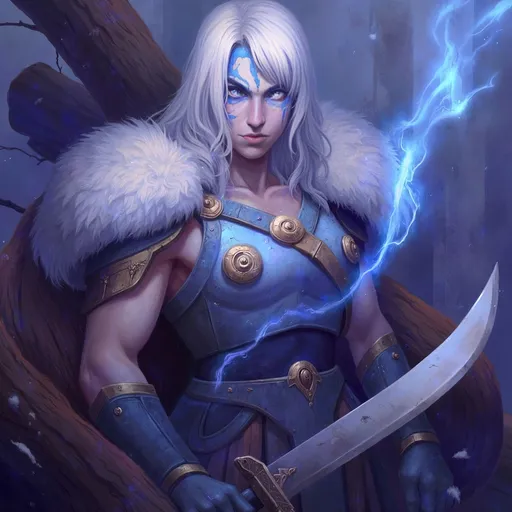 Prompt: Shield maiden, (silver blonde hair), (deep blue eyes), (battle-scarred face), blue face paint, intricate blue body art, wooden shield, fur-covered silver armor plates, (silver blade), (gold-hilted sword), (masterpiece quality), (highly detailed), (anatomically correct), (dramatic lighting), (epic battlefield background), (intense atmosphere), ultra-detailed, vibrant colors.