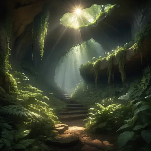 Prompt: Sunlight cascading across heavily wooded area, dark ground, misty, wondrous, magical, large deep hole, cavernous , glowing light. 4k high-definition, photorealism.