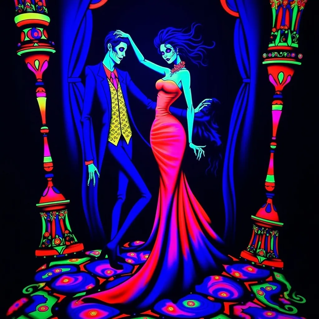 Prompt: (Día de los Muertos couple dancing), elegant red dress, sophisticated blue suit, dynamic pose, vivid detailed expressions, (black light art), glowing neon colors against dark backdrop, atmospheric Victorian setting with ornate decor, high contrast and striking illumination, (ultra-detailed), graceful movement, mesmerizing and enchanting ambiance reminiscent of a ballroom dance experience.