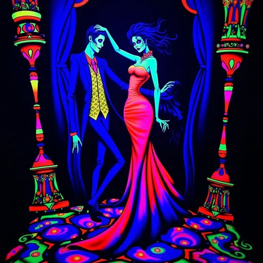 Prompt: (Día de los Muertos couple dancing), elegant red dress, sophisticated blue suit, dynamic pose, vivid detailed expressions, (black light art), glowing neon colors against dark backdrop, atmospheric Victorian setting with ornate decor, high contrast and striking illumination, (ultra-detailed), graceful movement, mesmerizing and enchanting ambiance reminiscent of a ballroom dance experience.