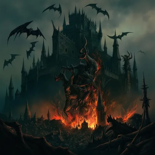 Prompt: old castle, (various monsters) climbing atop, (bats) circling around the turret, (fire) raging, engulfing the town below, (ominous atmosphere), dark and foreboding landscape, (vibrant flames) contrasting against shadowy castle details, (highly detailed), representing a thrill of horror and chaos, night sky filled with smoke, ancient architecture, (spooky ambiance).