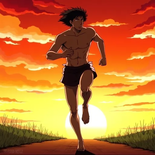 Prompt: (athletic man), running in motion, muscular physique, dynamic pose, sunset backdrop, warm golden hues mixing with deep orange skies, focused expression, wind tousled hair, strong shadows accentuating his form, feeling of freedom and exhilaration, natural landscape backdrop, (highly detailed), vibrant colors, crisp lines, ultra-realistic.