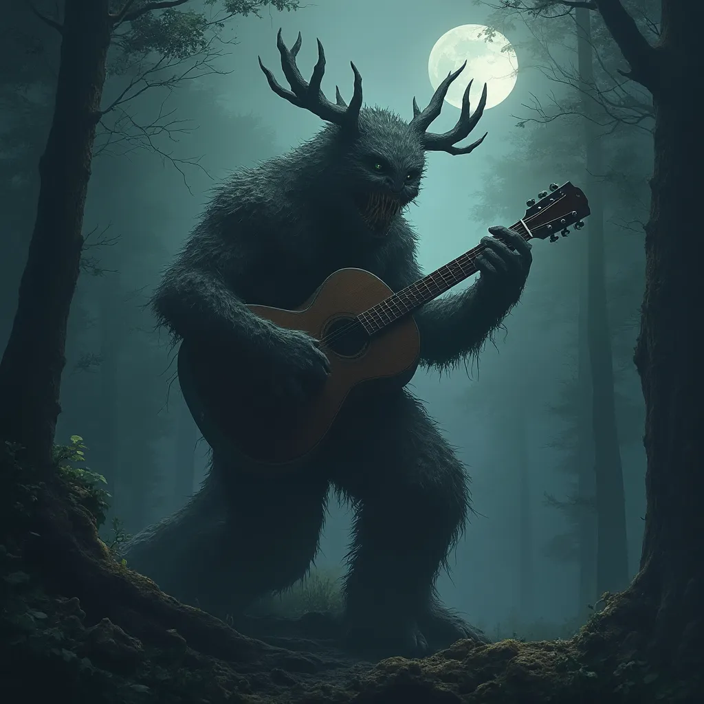 Prompt: Tree monster playing guitar. Dark forest, moonlit, deep fog, mythical forest.