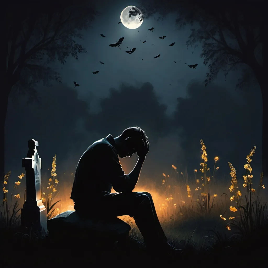 Prompt: Dark silhouette of a man sitting next to a grave stone. Hands on his head. Flowers on fire. Fireflies. Moonlit. Somber, gloomy. Starlit.